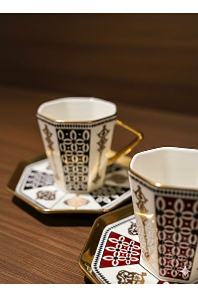 Kosova 2-Person Porcelain Turkish Coffee Cup Set - Burgundy & Black Patterned...