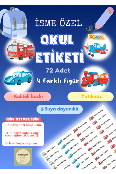 Handeto Kraft 72 Adet Araba Temalı Kişiye Özel Okul Etiketi İsim Yazılabilen ...