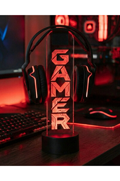 dekarasyon RGB Gamer Oyuncu Kulaklık Standı Dikey Gamer Yazılı Masaüstü Kulak...