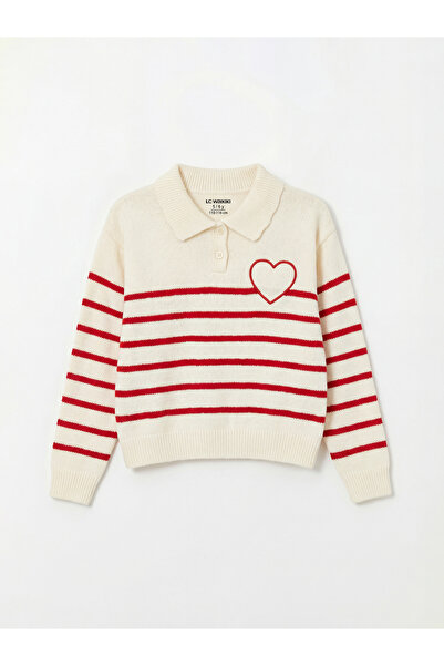 LC Waikiki Pulover tricotat pentru fete, roșu, cu guler polo și broderie inimă