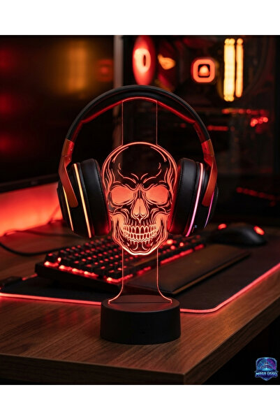 dekarasyon RGB Led Işıklı Kuru Kafa İskelet Desenli Masaüstü Oyuncu Kulaklık ...