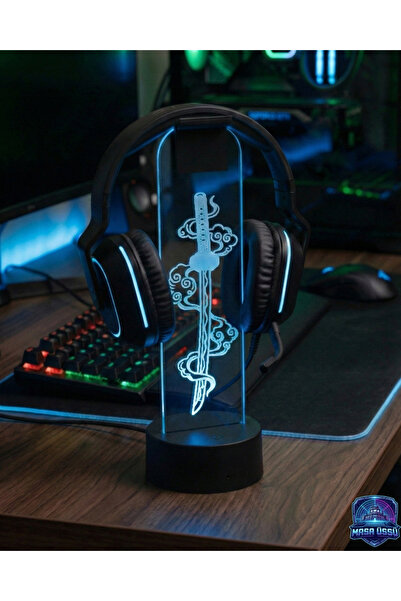 dekarasyon RGB Gamer Oyuncu Kulaklık Standı Japon Kılıcı Desenli kulaklık Tut...