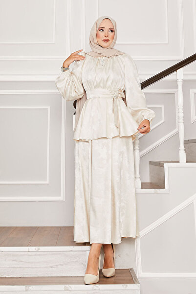 EBRUTESETTÜR Mobile Belted Waist Drawstring Jacquard Double Suit Cream