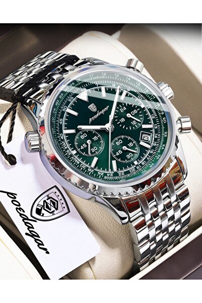 POEDAGAR Metal Case Green Dial Luxury Classic Function Men's Wristwatch
