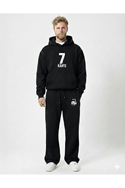 NİCE Black Baggy Ngolo Kante Oversize Men's Tracksuit Set Wide Leg 3 Thread C...