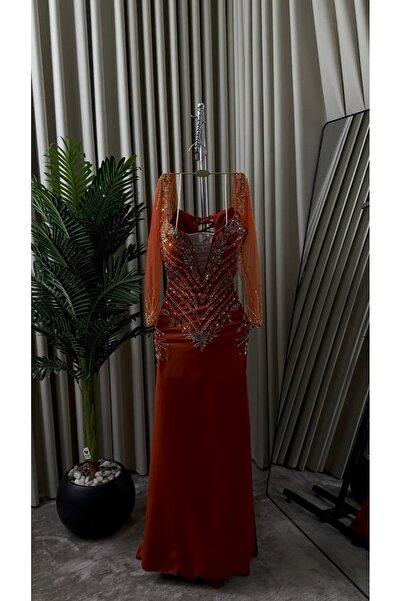 Meryl Long evening dress with hand embroidery and sheer sleeves