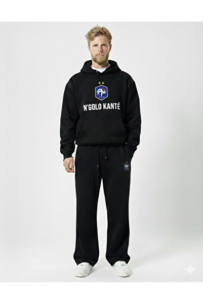 NİCE Black Baggy Ngolo Kante Oversize Men's Tracksuit Set Wide Leg 3 Thread C...