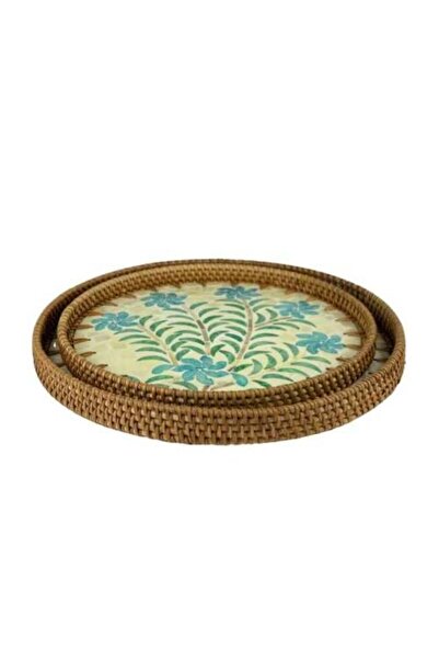Generic Round Serving Tray Set with Blue Flower Pattern