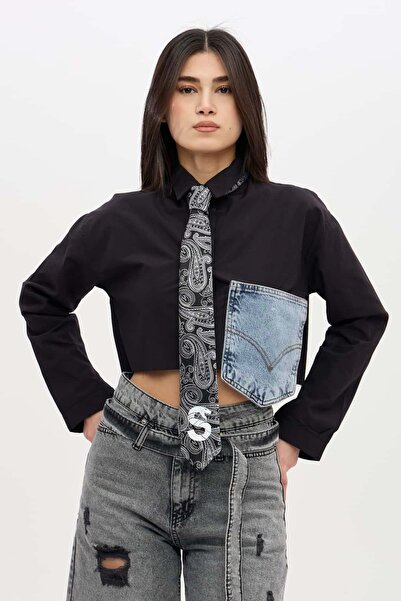 subr Siyah Jean Cep Detaylı Crop Gömlek Asimetrik Kesim Denim Garnili Kısa Gö...