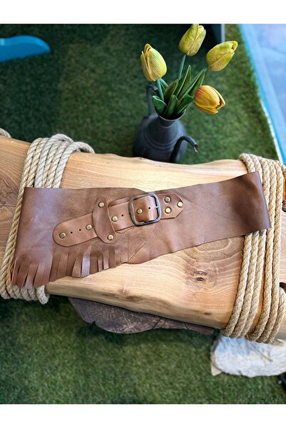 Yılday Gür Butik حزام كورسيه بوهيمي مصنوع يدويًا من الجلد الطبيعي مع شراشيب م...