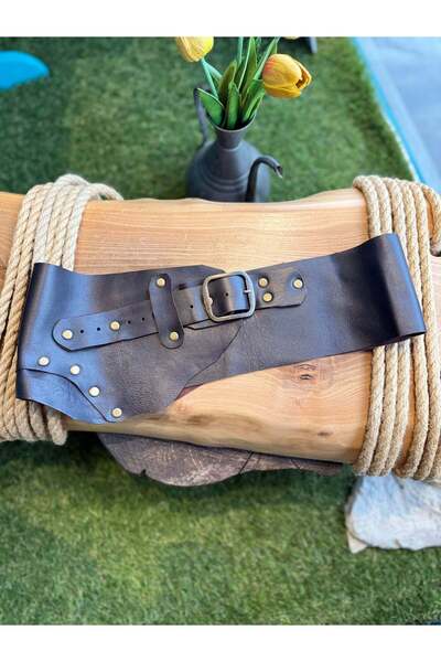 Yılday Gür Butik Bellamy Kahverengi El Yapımı Hakiki Deri Bohem Korse Kemer