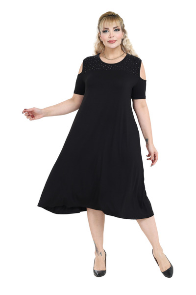 MELSAY Women's Black Off-The-Shoulder Stone Printed Plus Size Dress