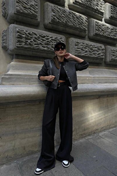 Perry Boutique Women's Striped Pocketed Cashmere Bomber Jacket