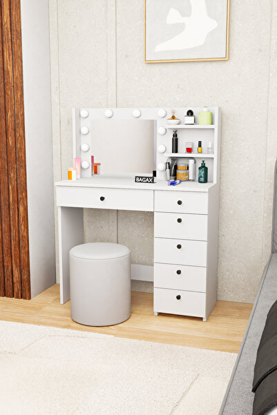 BAGAX WHITE Led Spotlu, Aydınlatmalı Aynalı Dolaplı Makyaj Masası, Çok Çekmec...