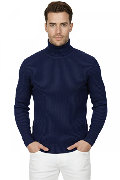 Rizz up سترة تريكو رجالية باللون الأزرق الداكن، ذات ياقة عالية ورفيعة، مقاومة...