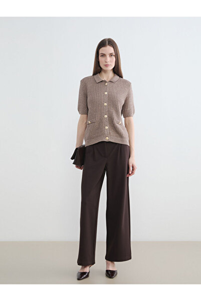 LC Waikiki Classic Brown High Waist Wide Leg Pleated Women's Fabric Trousers