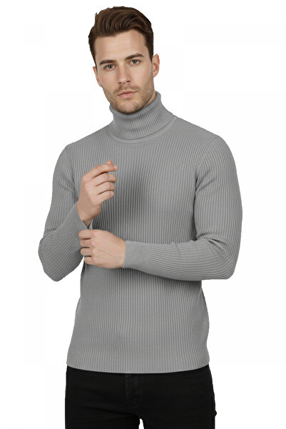 Rizz up Men's Gray Slim Ribbed Full-Collar Turtleneck Anti-Pilling Knitwear S...