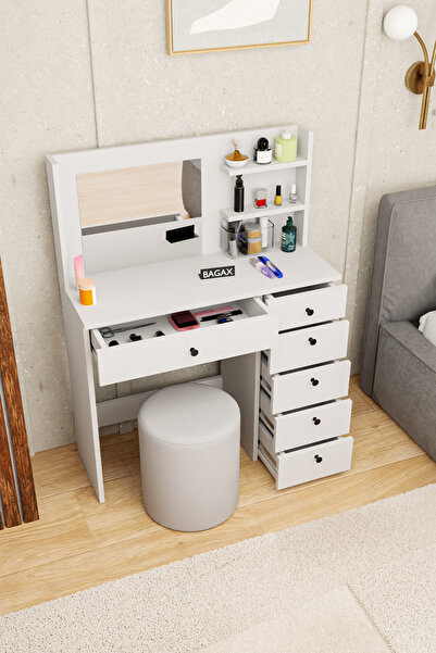BAGAX WHITE Aynalı Dolaplı Makyaj Masası, Çok Çekmeceli & Raflı, Geniş Depola...