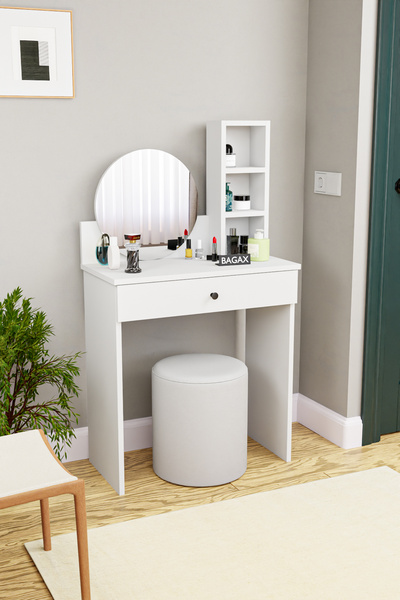 BAGAX WHITE Aynalı Makyaj Masası, Çekmeceli & Raflı, Kompakt Tasarım – Beyaz
