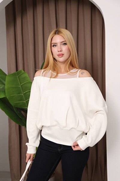 Perry Boutique Women's White Tulle Detailed Off-Shoulder Blouse