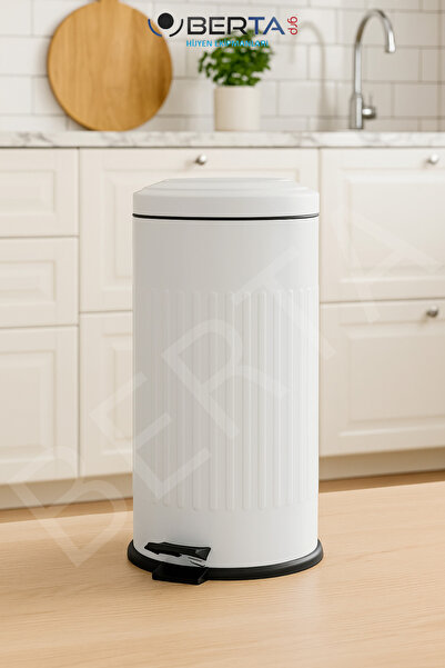 Saatistan Vintage Beyaz Çöp Kovası, Amortisörlü Kapak, Çizgili, 16L