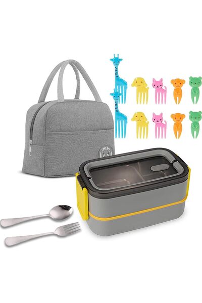 Generic 1400ml Double Layer Lunch Box with Thermal Bag and Fruit Fork Set - G...