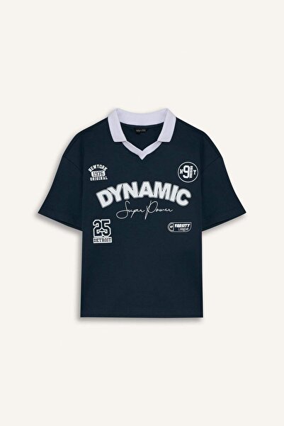 DeFacto Оверсайз широка кройка с обло деколте и надпис, къса ръкав, поло блуз...