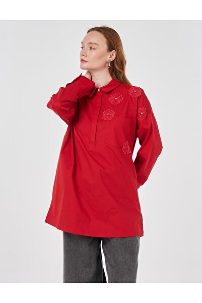 Kayra Appliqué Detailed Cotton Tunic Red