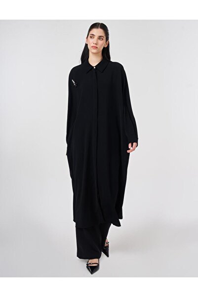 Kayra İşlemeli Krep Uzun Tunik Siyah