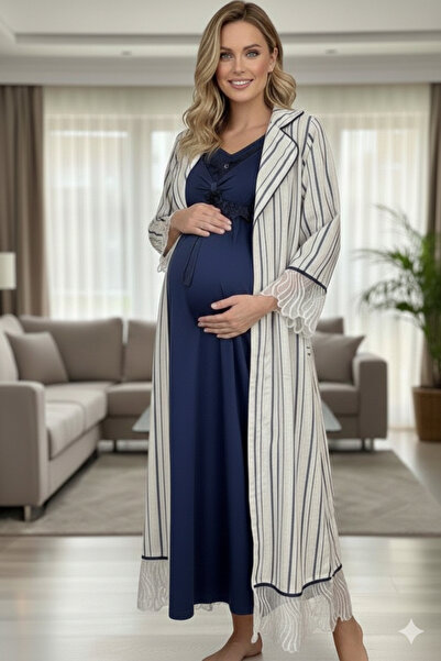 Lohussa New Season Navy Blue Linen Dressing Gown with Shawl Collar Special De...