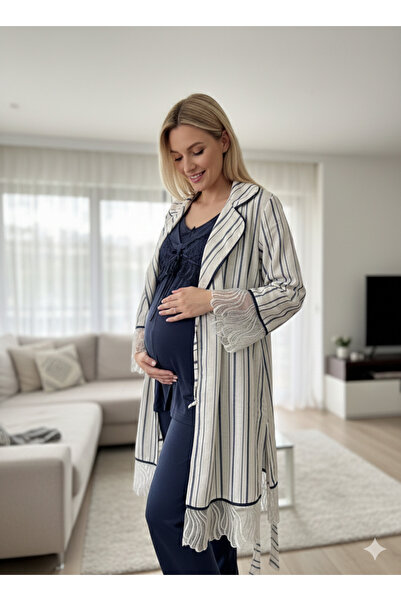 Lohussa New Season Navy Blue Linen Dressing Gown with Shawl Collar Special De...