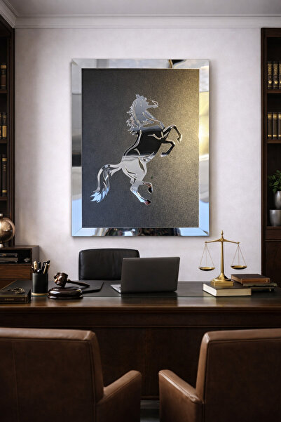 Aries Shopping Şahlanan At Tablo Siyah Mdf Üzeri Gümüş Pleksi Duvar Dekorasyo...