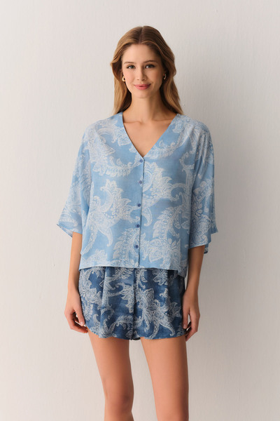 SUWEN Paisly Gömlek Yaka Şort Pijama Takımı