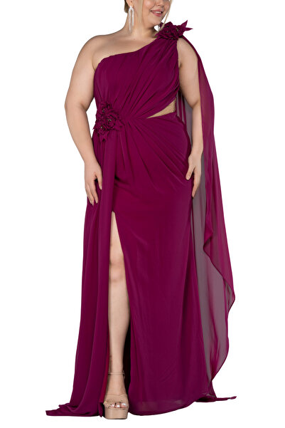 Arden Büyük Beden Uzun Genç Abiye, Şifon Tek Omuz Yırtmaçlı Drapeli Nişan, Me...