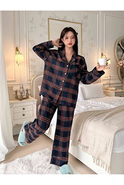 MYCARA Women's Navy Blue Red Plaid Patterned Shirt Collar Buttoned Zeus Pajam...