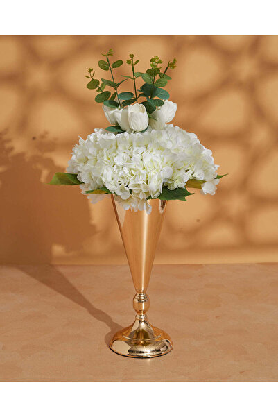 REDTAG باقة زهور الكوبية البيضاء الاصطناعية وزهور التوليب في مزهرية ذهبية