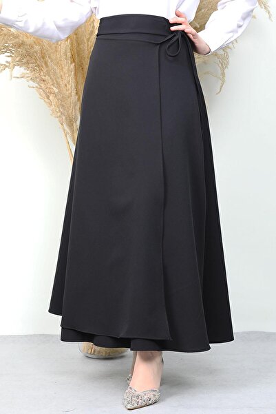 GİYZAMİLA Fusta crep cu detaliu din șnur, neagră