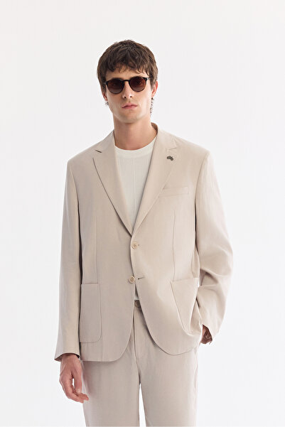 Avva Men's Beige Mono Collar Pocket Double Slit Unlined Materialless Modal-Te...