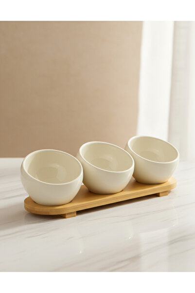 REDTAG White Round Bowl With Bamboo Tray (4 Piece)