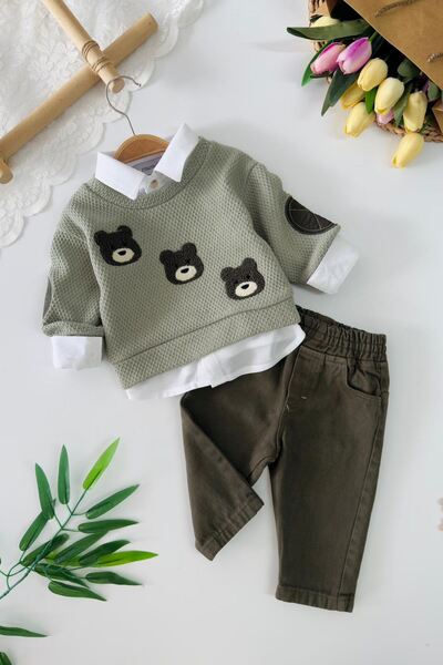 Minigimin Cicileri طقم سويت شيرت وبنطلون محبوك مطرز على شكل دب من مينيجيمين س...