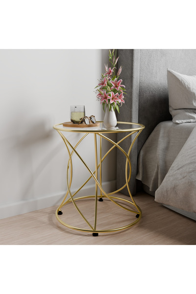 Catchme DNA Tasarım Siyah Metal Yan Sehpa - Cam Tablalı & Dekoratif