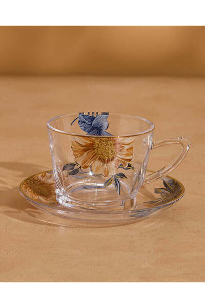 REDTAG كوب شاي زجاجي شفاف وأزرق مزين بنقوش زهرية مع صحن زجاجي (قطعتان)