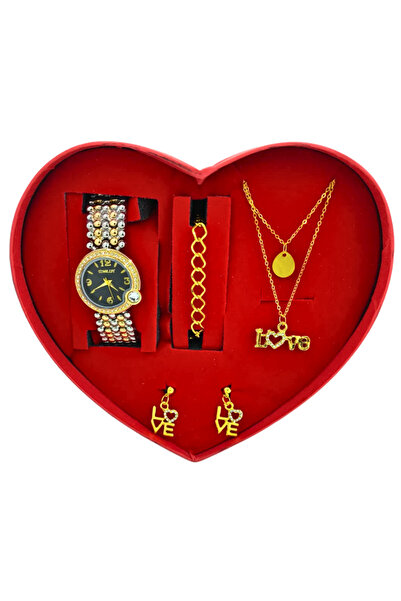 TEKMAKG Kadın Saat Takı Seti Siyah Kadran Taşlı Love Kolye Küpe Bileklik Kalp...