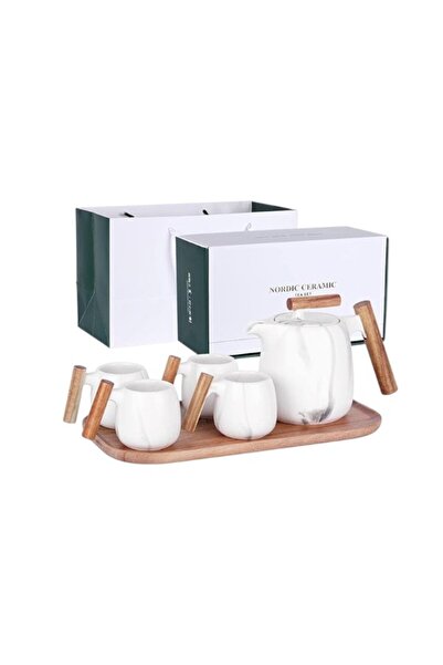 WDA Modern Nordic Style White Tea Set, Kettle & 4 Cups with Wooden Handles (M...