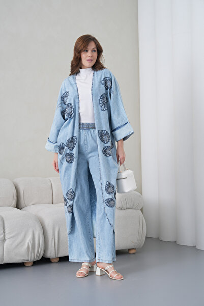 Miss Allos Women's Front Embroidered Beaded Denim Kimono Cardigan and Denim T...