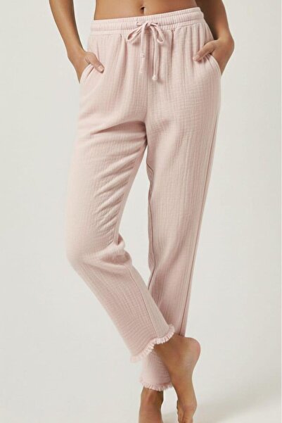 madam trend Light Powder Color 100% Cotton Muslin Fabric Trousers - Elastic W...