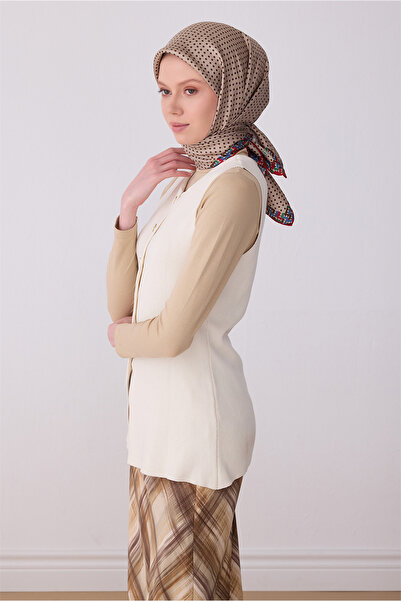 Belli Eșarfă bej cu model clasic, 100% mătase twill 4326-81