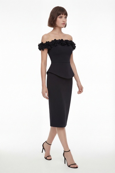 Lafaba Kadın Siyah Kayık Yaka Çiçek Detaylı Midi Söz Nişan Nikah Abiye Elbise