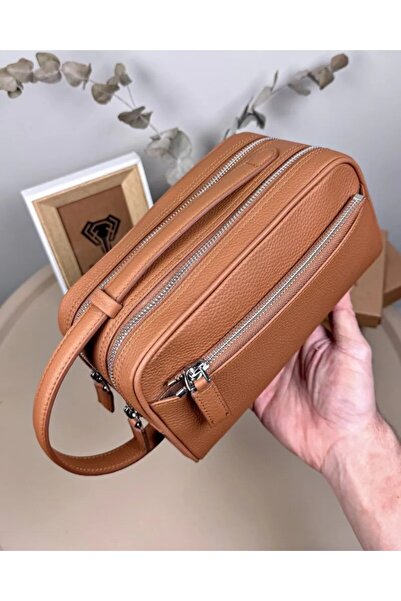 Fil Deri Genuine Leather Large Men's Handbag with Zipper Tan Color 2104