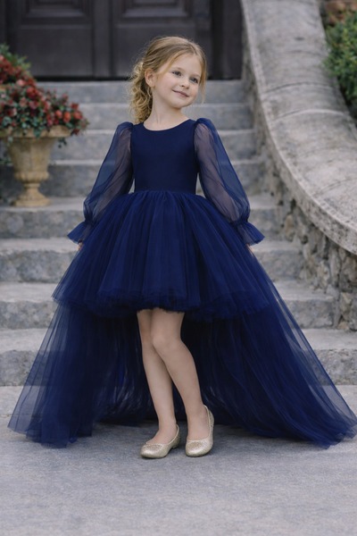 SUNEH Kız Çocuk Lacivert Tül Elbise Uzun Kuyruklu Prenses Model, Mezuniyet Do...